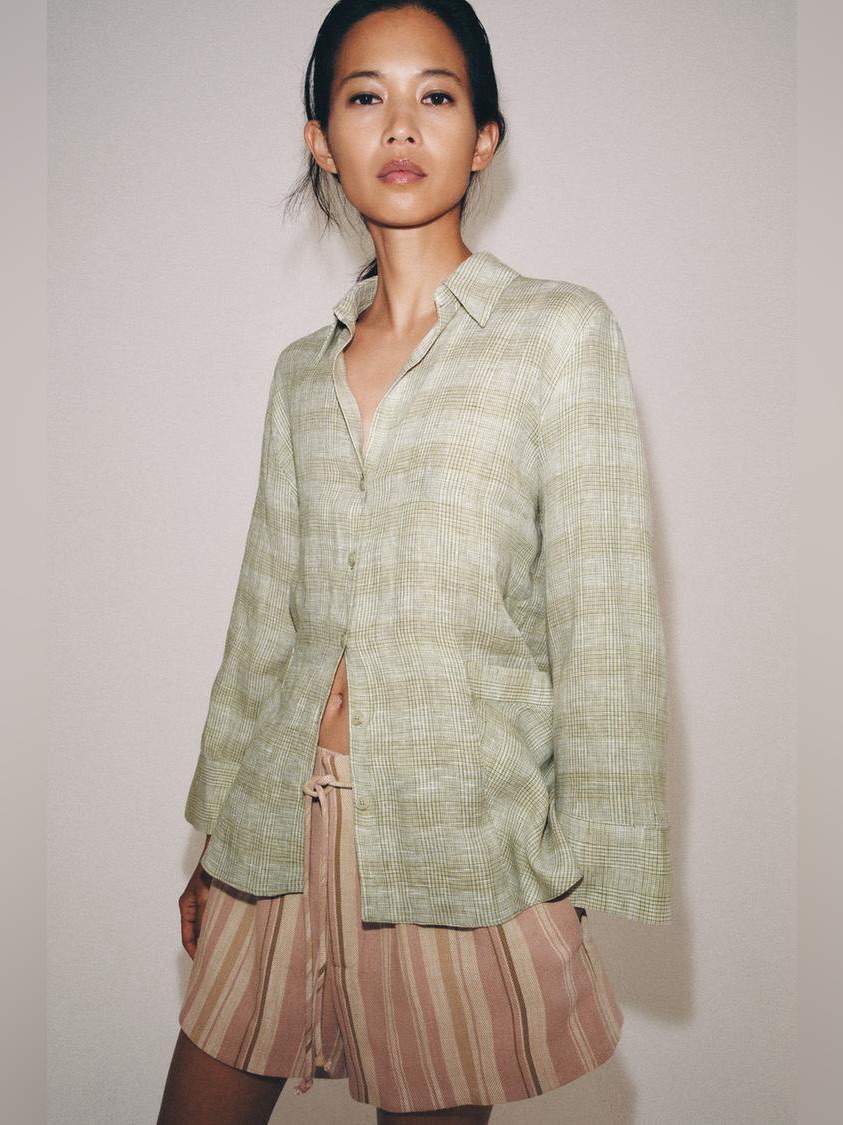 Zara Zw Collection 100% Linen Plaid Shirt